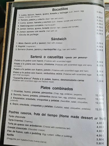Carta de Cervecería Blanca